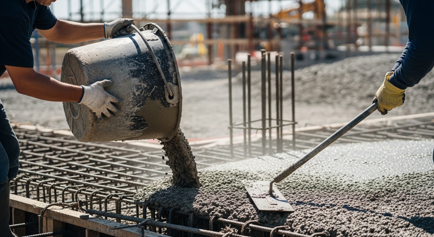 Concrete and RCC construction site with worker pouring concrete