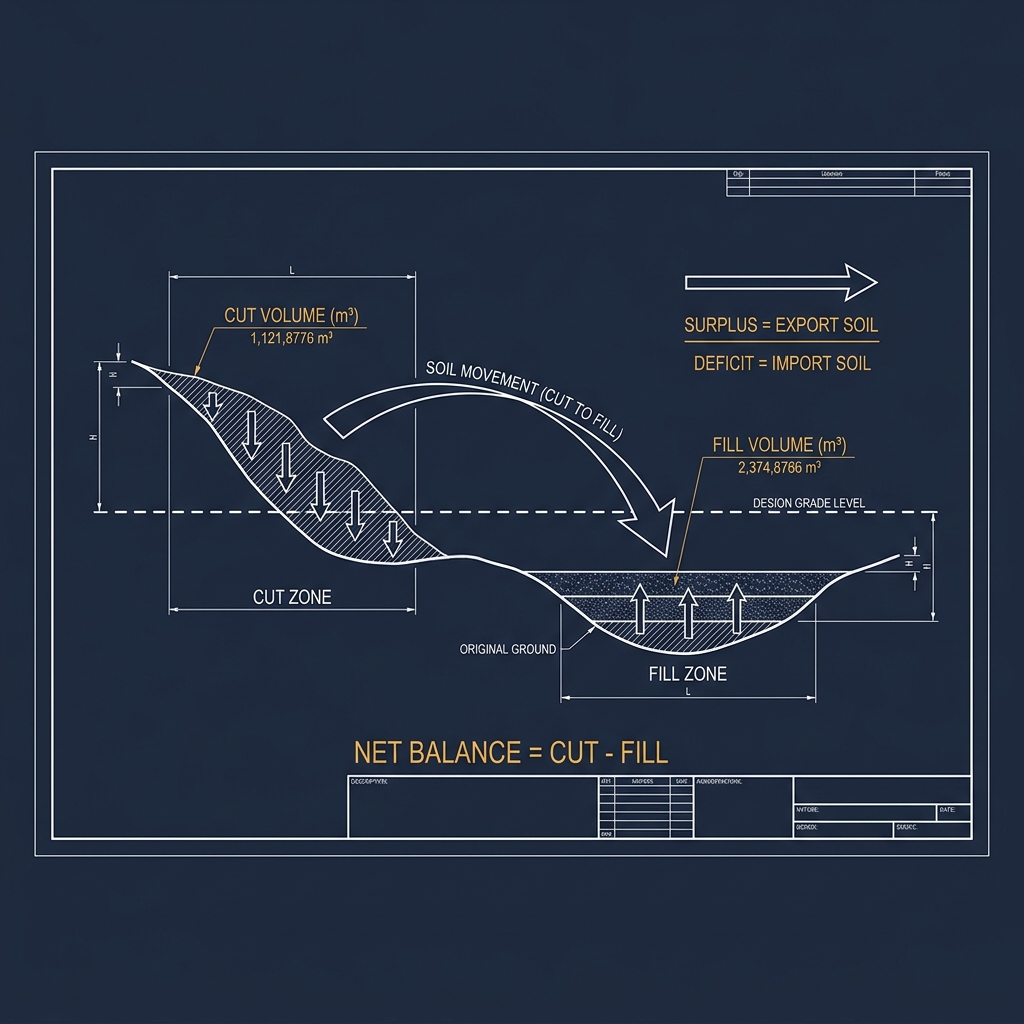 Cut and Fill Site Grading Balance Diagram showing cut zone and fill zone with grade level
