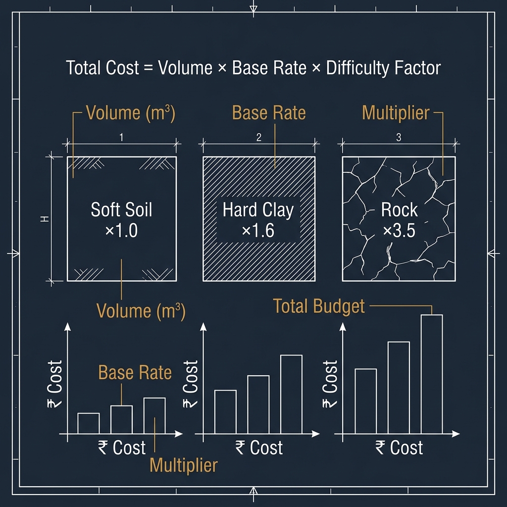 Excavation Cost Calculation Diagram showing soil difficulty multipliers