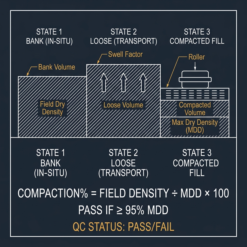 Soil Compaction QC Diagram showing Bank Loose and Compacted soil states with density test