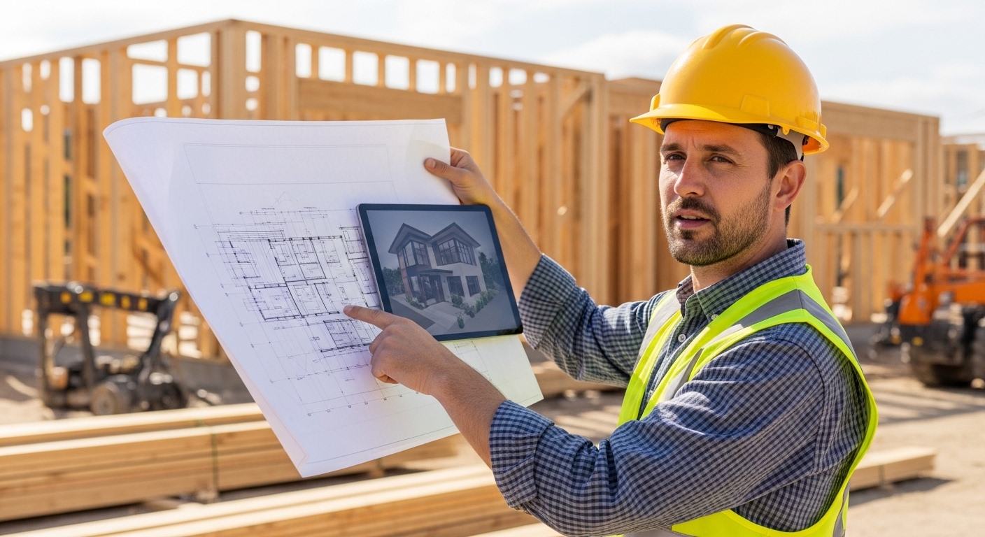 Architect showing house blueprint at construction site