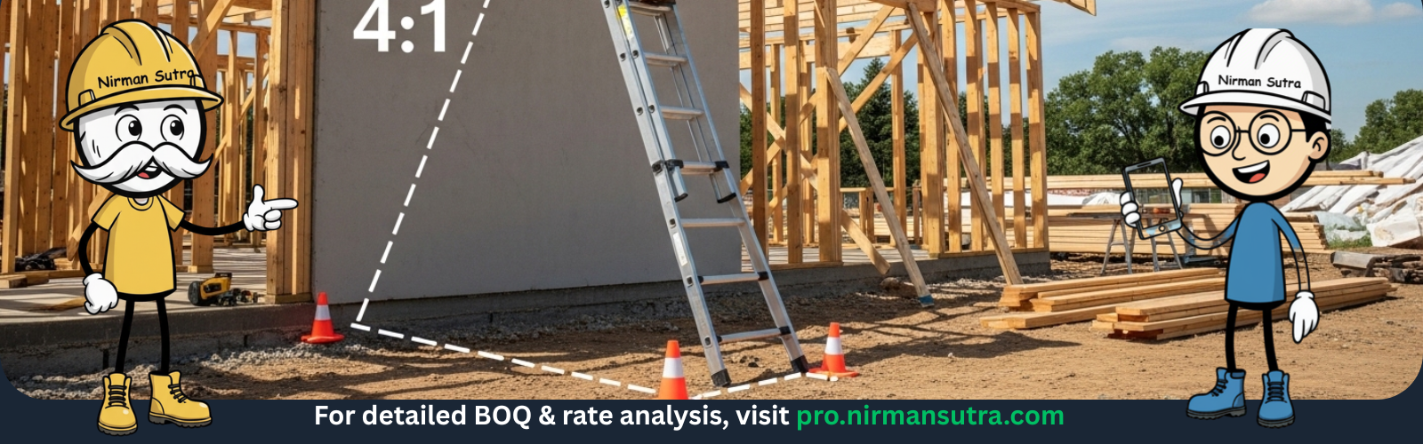Safe ladder positioning at a construction site using the 4:1 rule