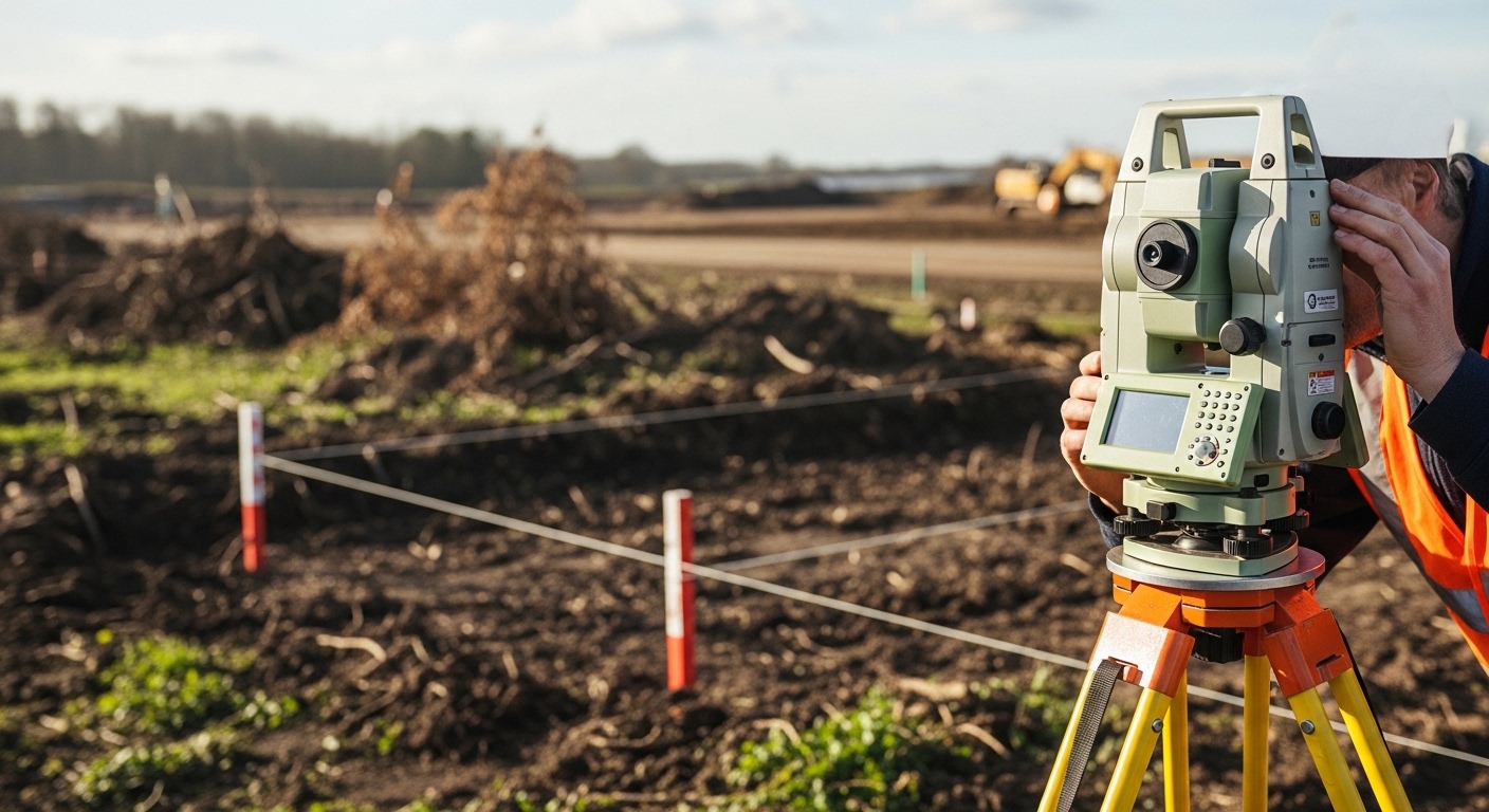 Surveyor using theodolite in open plot at construction site