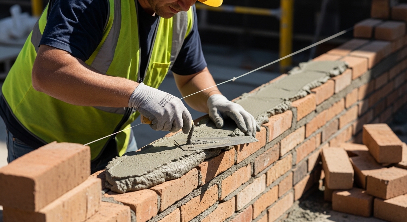 Masonry brick wall under construction with worker laying bricks
