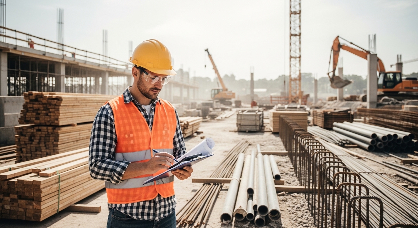 Engineer holding clipboard and calculator at construction site
