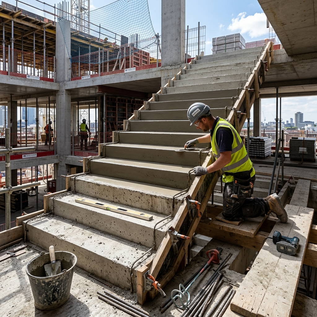 Professional concrete staircase construction with risers and treads at building site