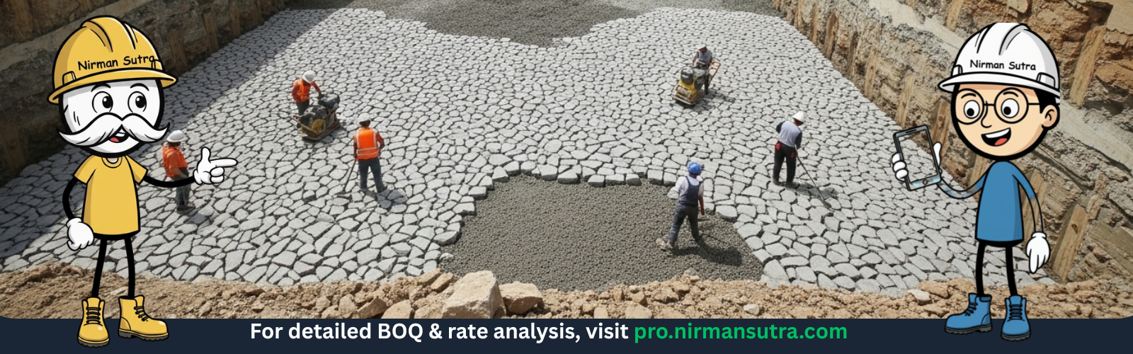 Rubble stones laid for building sub-base soling with sand filling