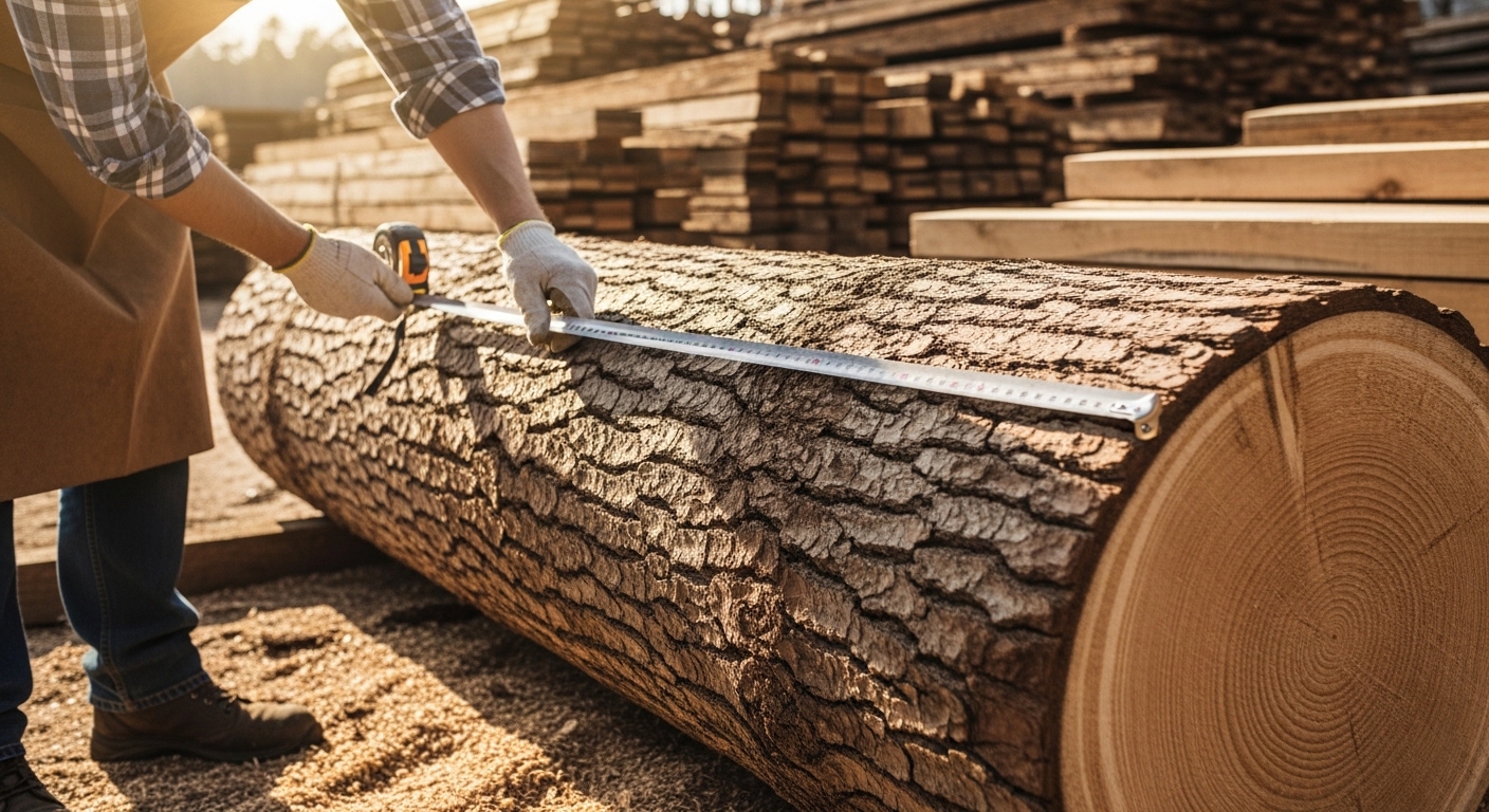 Carpenter measuring and cutting timber at construction site