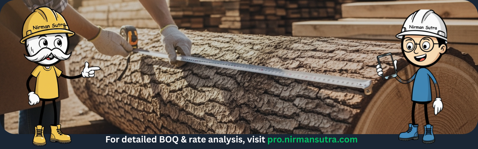 Timber logs and sawn planks being measured and prepared for commercial wood trading